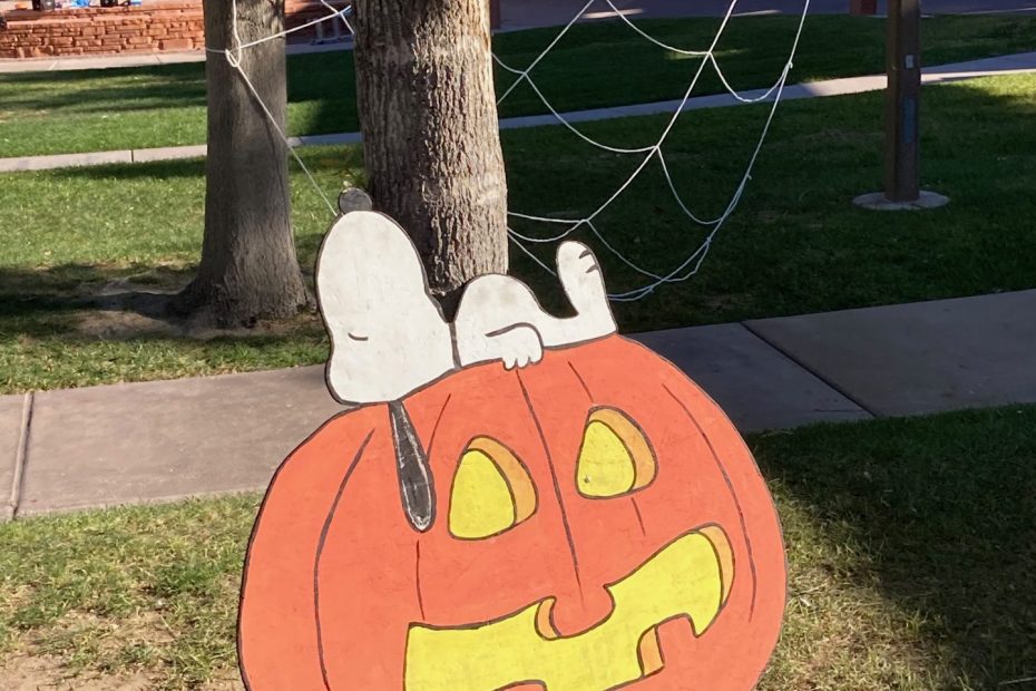 Snoopy resting in front of the spider web at Halloween Safetacular + BOOster Bonanza